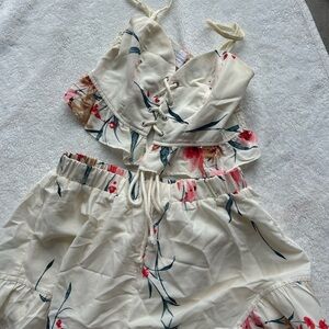 Floral Lace-Up Crop Top and Skirt Set